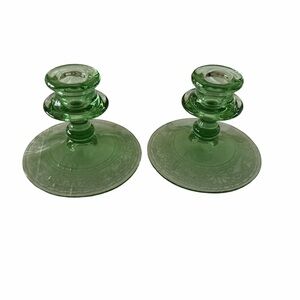 Fostoria Royal Green Depression Glass Candlestick Holders